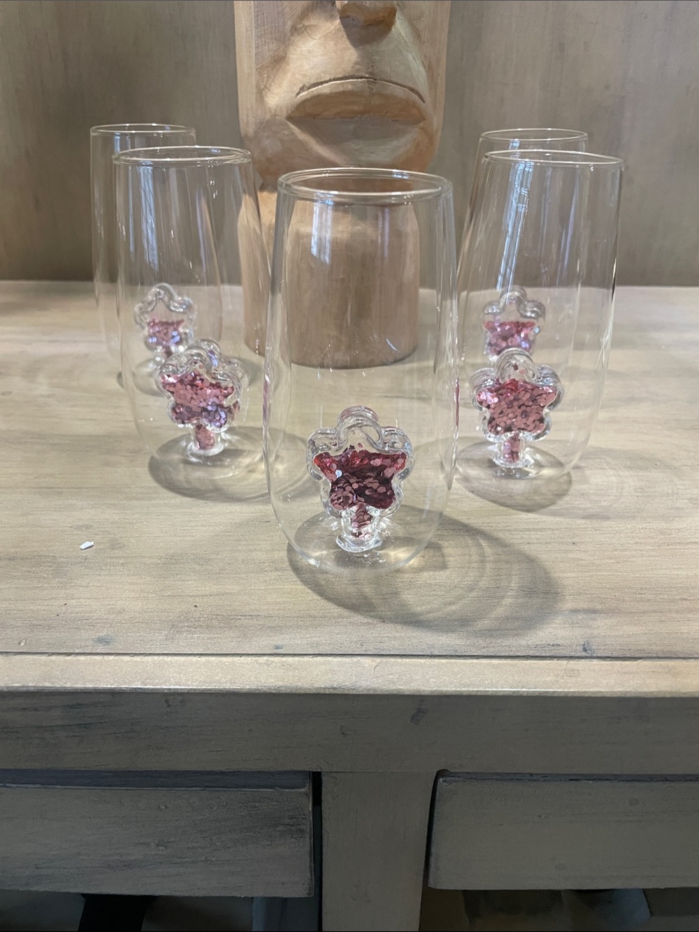 Clear Double-Walled Champagne Flutes with Pink Sequin Flower Stem